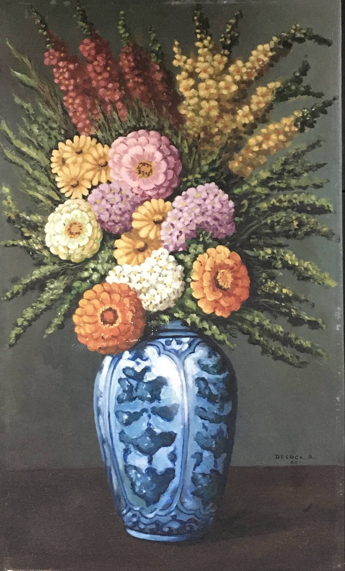 Tableau bouquet de dahlias signé Decock 66