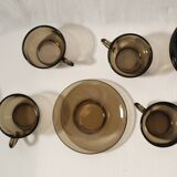 Set of 6 coffee cups and vintage saucers Vereco brown smoked glass