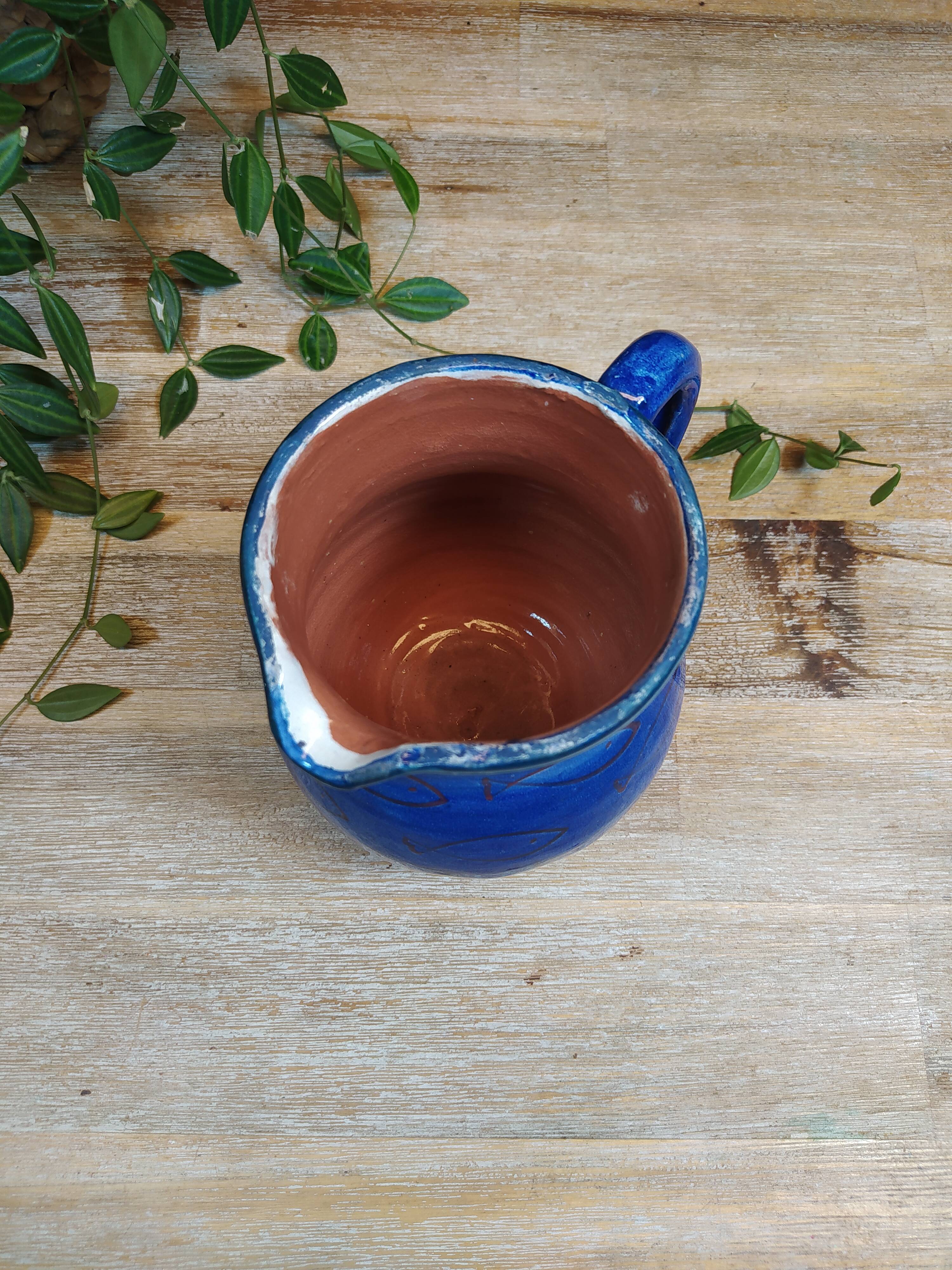 Carafe en Grès Bleu et Jaune à Motifs