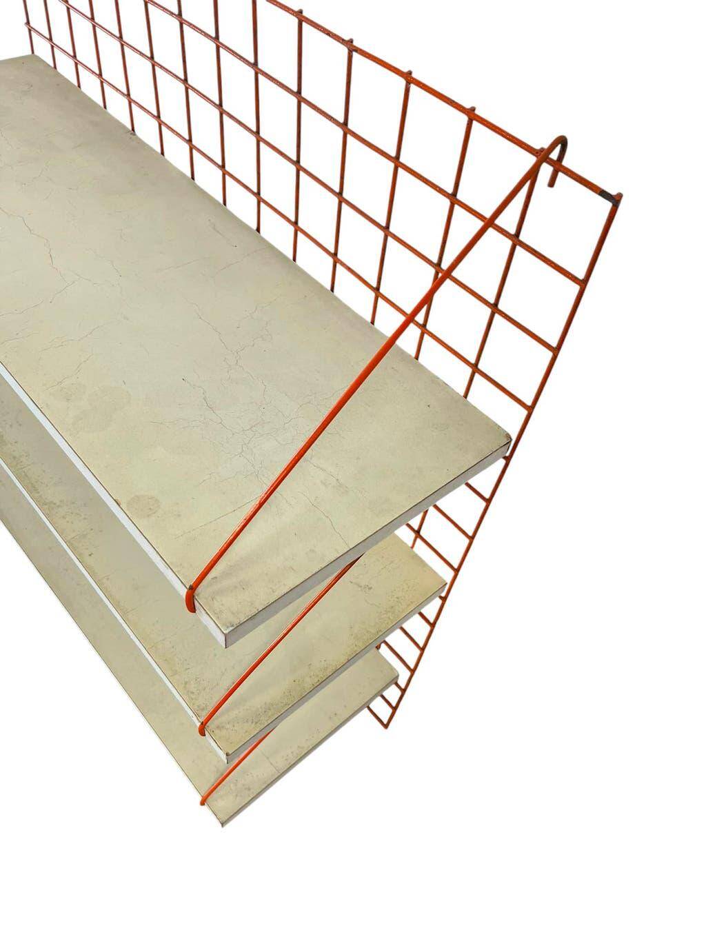 Vintage orange-red multi-level wall shelf with grid