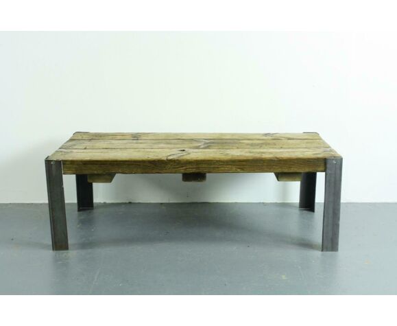 Table basse vintage industrial rustique en bois et métal | Selency