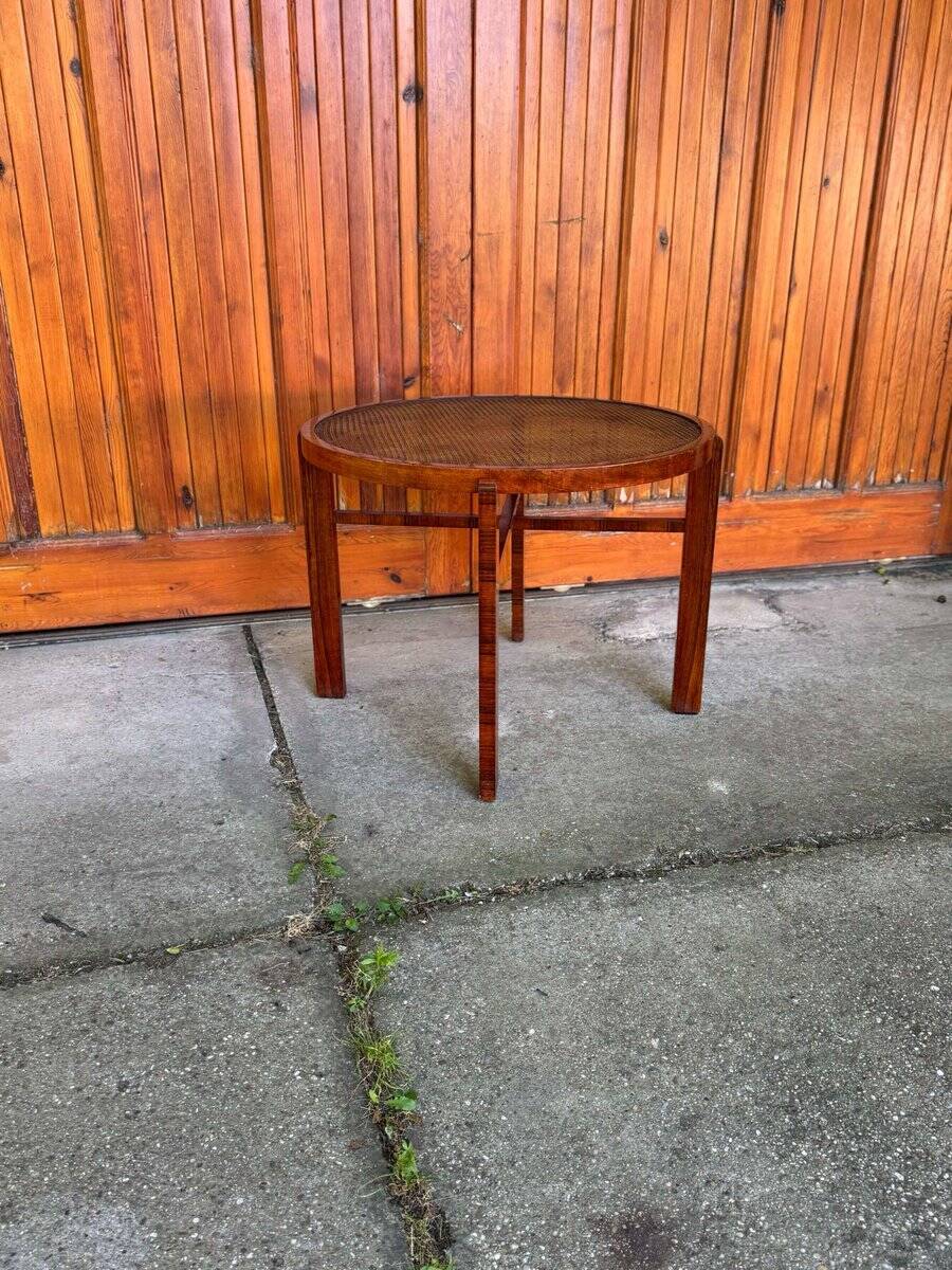 Vintage Art Deco round side table with cane top and walnut wooden frame, 1930s