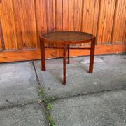 Vintage Art Deco round side table with cane top and walnut wooden frame, 1930s
