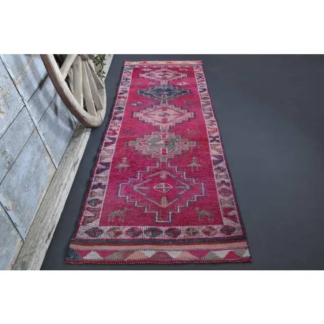 1970s Vintage Turkish Hand-Knotted Wool Cotton Purple Runner Rug 87x310