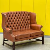 English Georgian Style Tufted Leather Chesterfield Wingback Two Seater Sofa