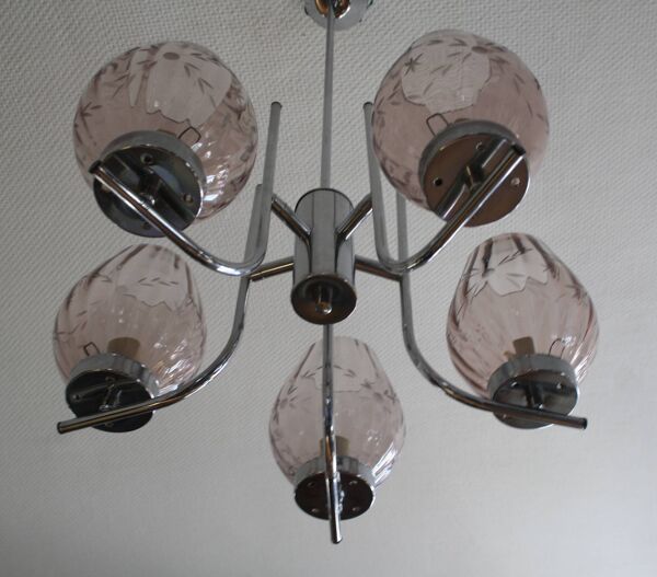 Lustre en metal chromé & verres ciselés