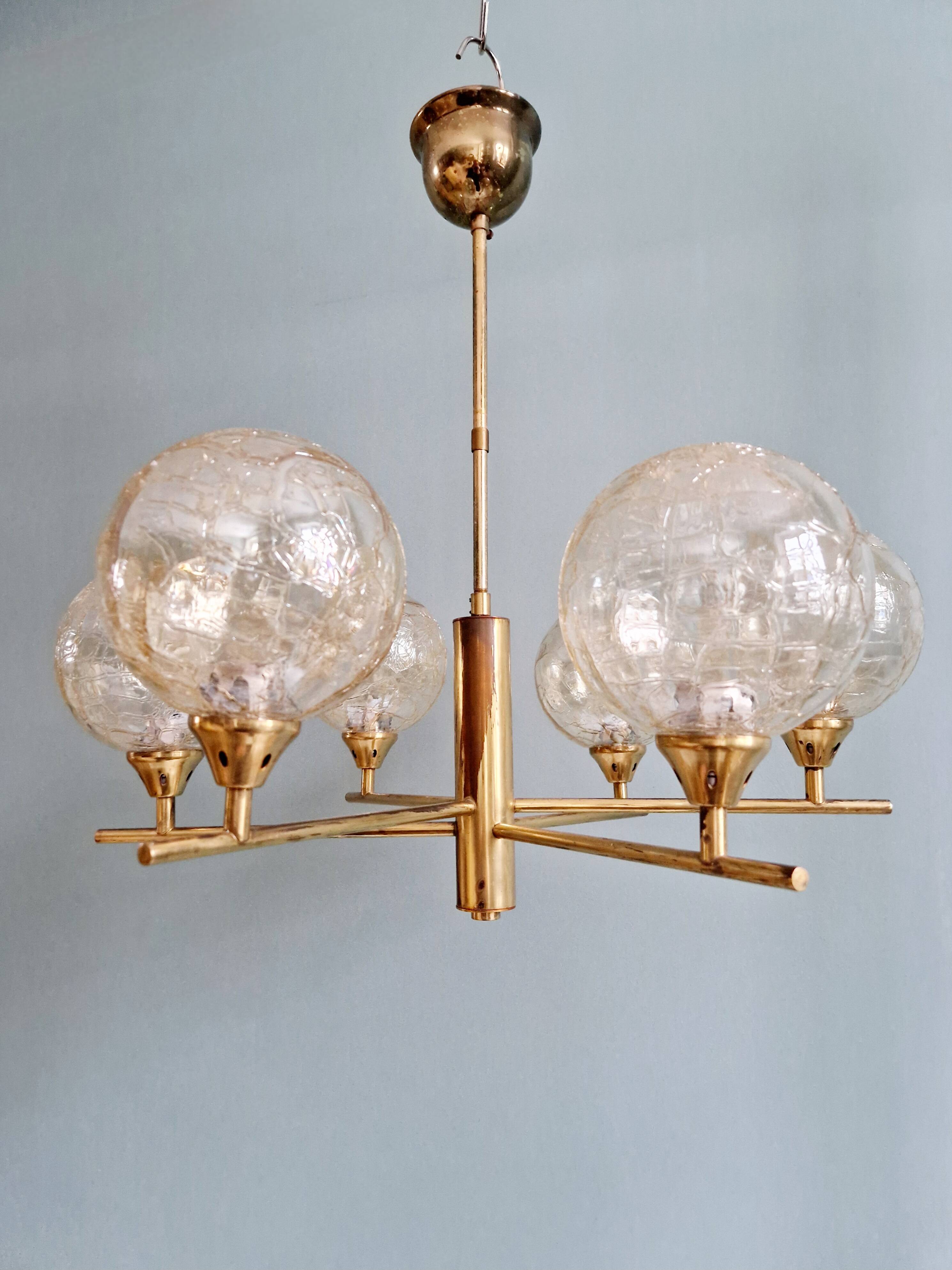 Brass chandelier with amber cracked glass globes, 1950s-60s
