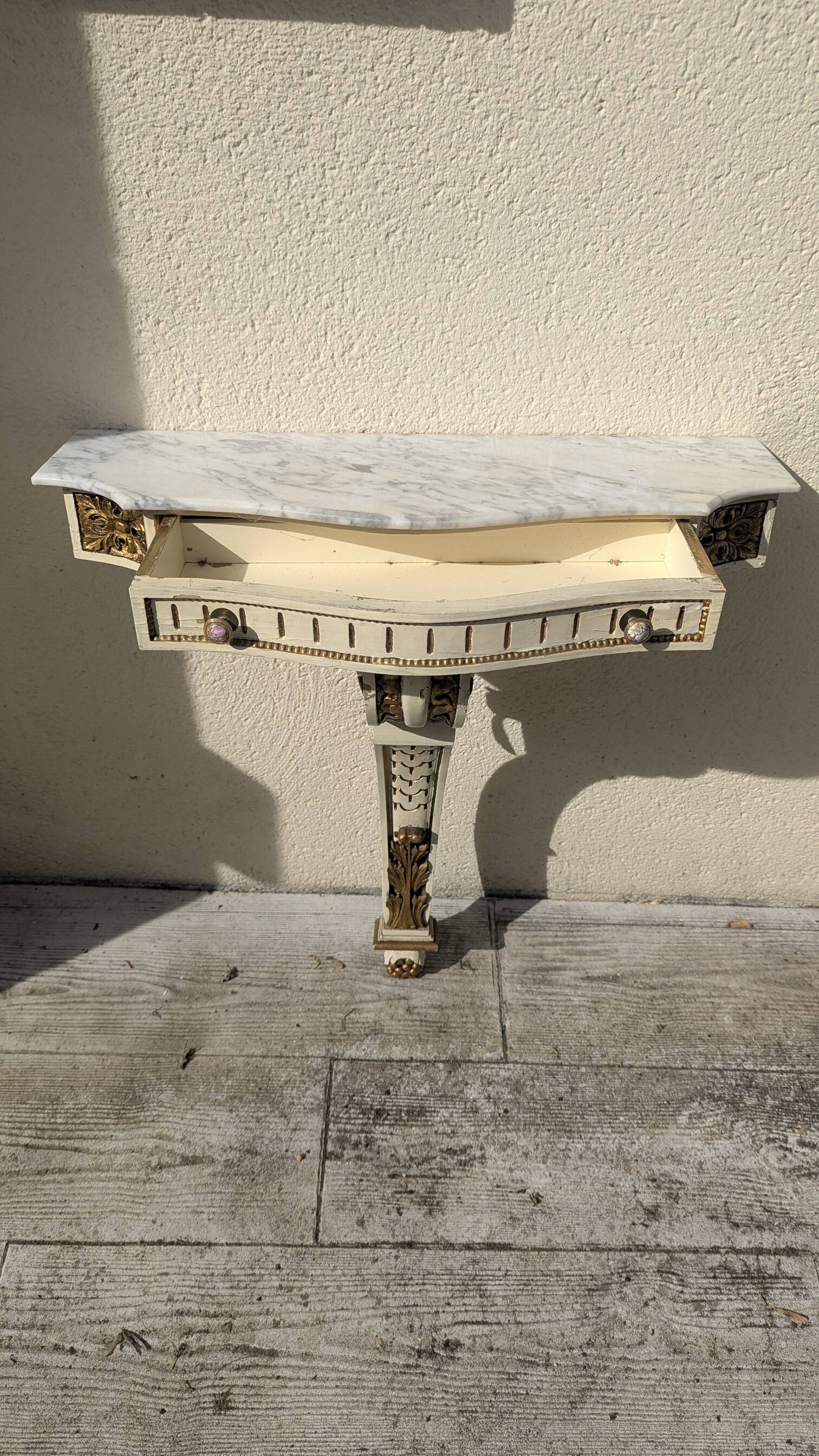 Console d'applique murale style Louis XV avec tiroir et marbre
