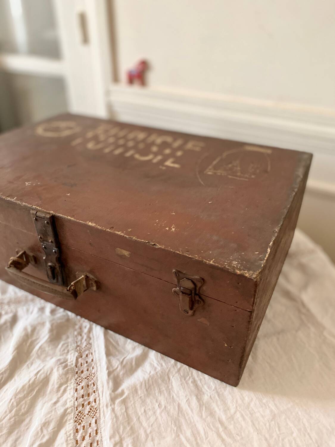Large wooden trunk suitcase with Tunisia inscription