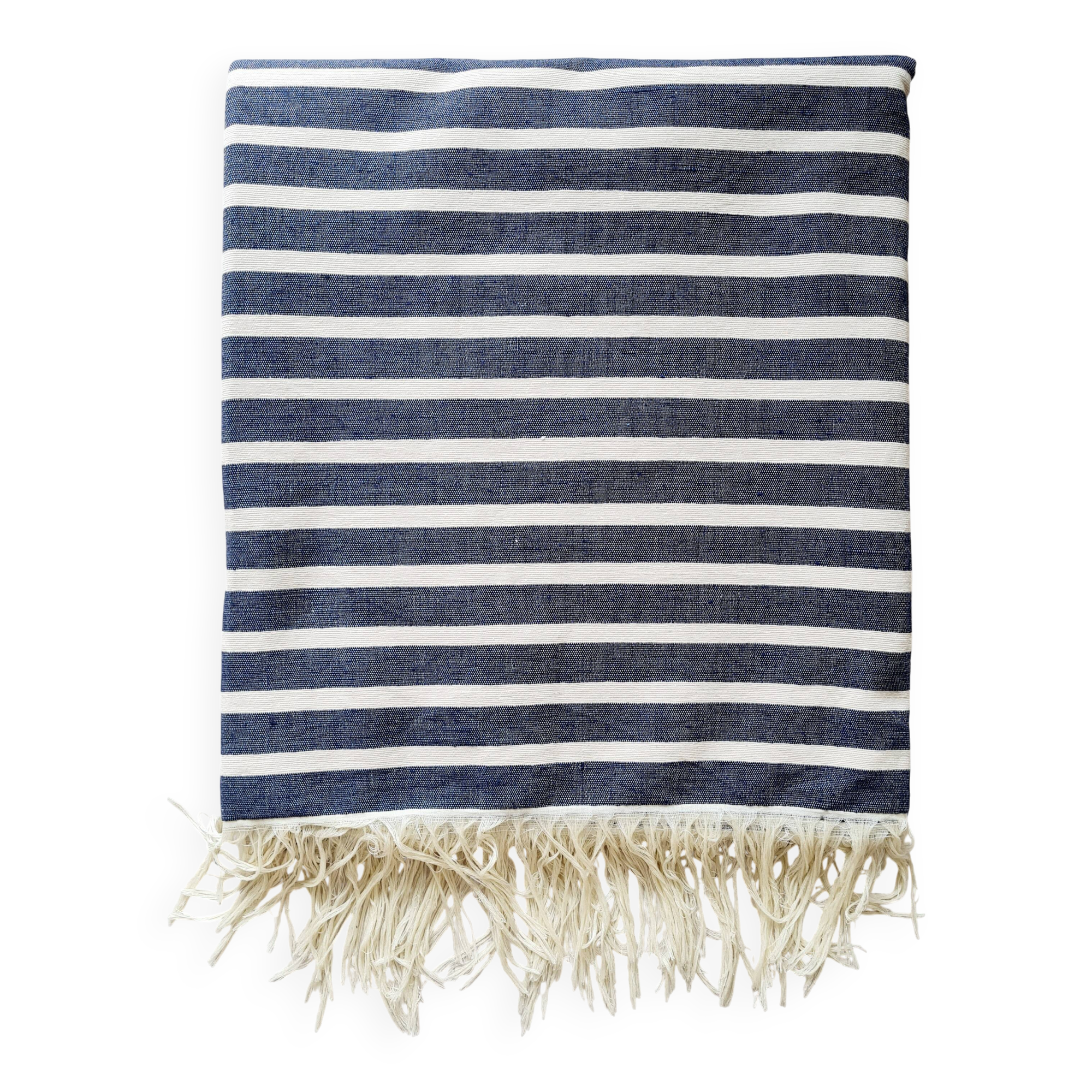 Handwoven plaid in navy and cream stripes - with light fringe