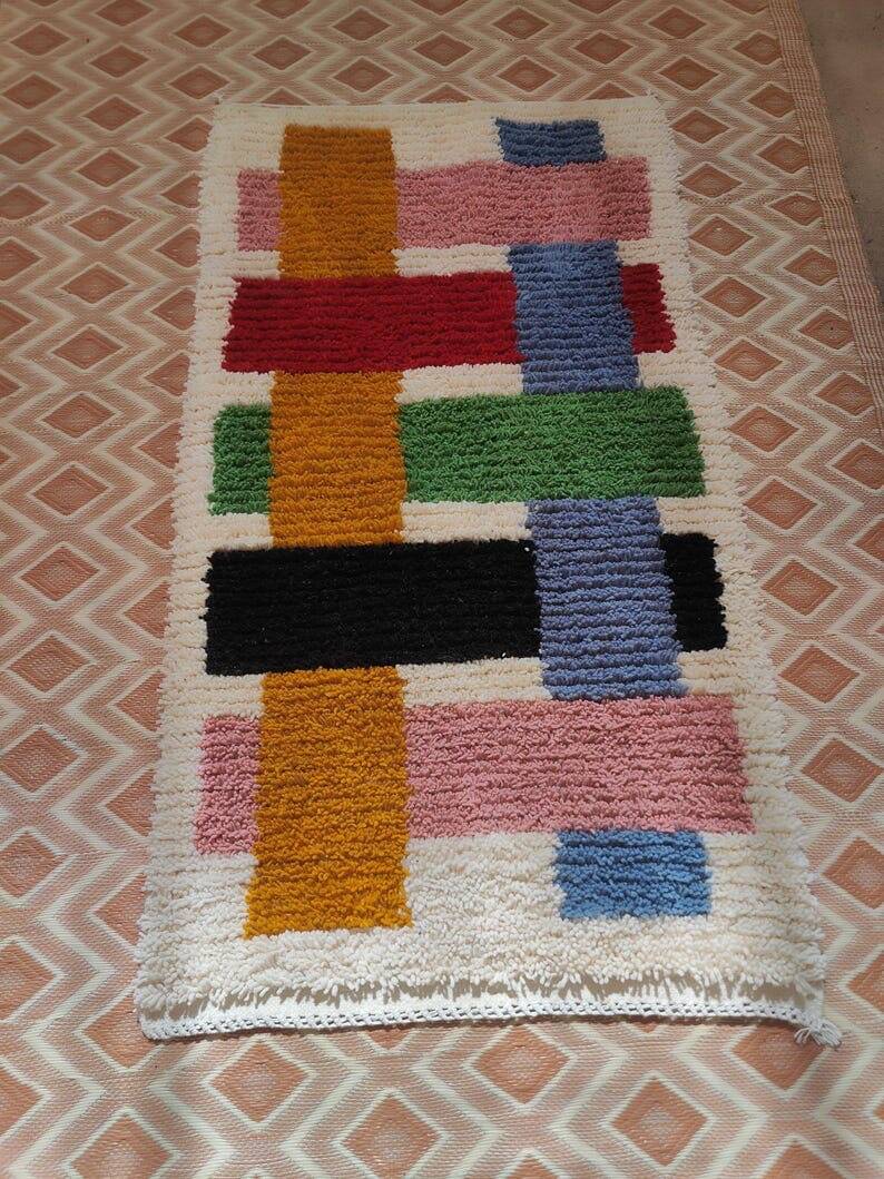 Handmade natural wool hallway rug, size 75 x 300 cm