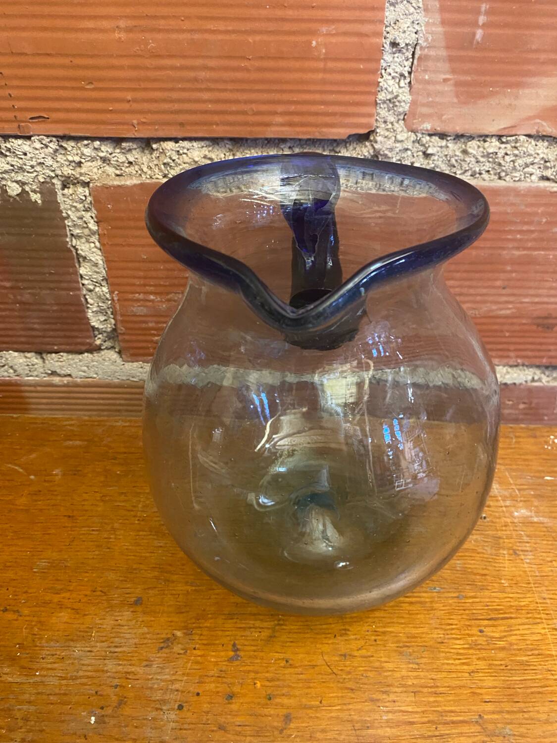 Antique Blown Bubble Glass Pitcher Transparent & Cobalt Blue 2L Vintage
