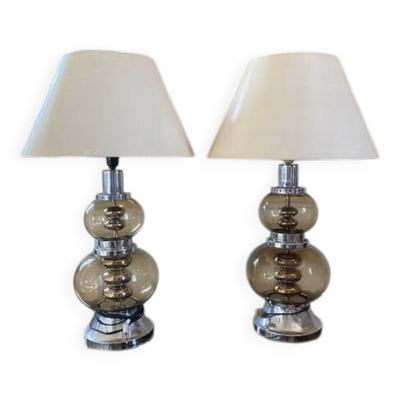 Paire de lampes en verre fumé et chrome