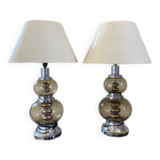 Paire de lampes en verre fumé et chrome