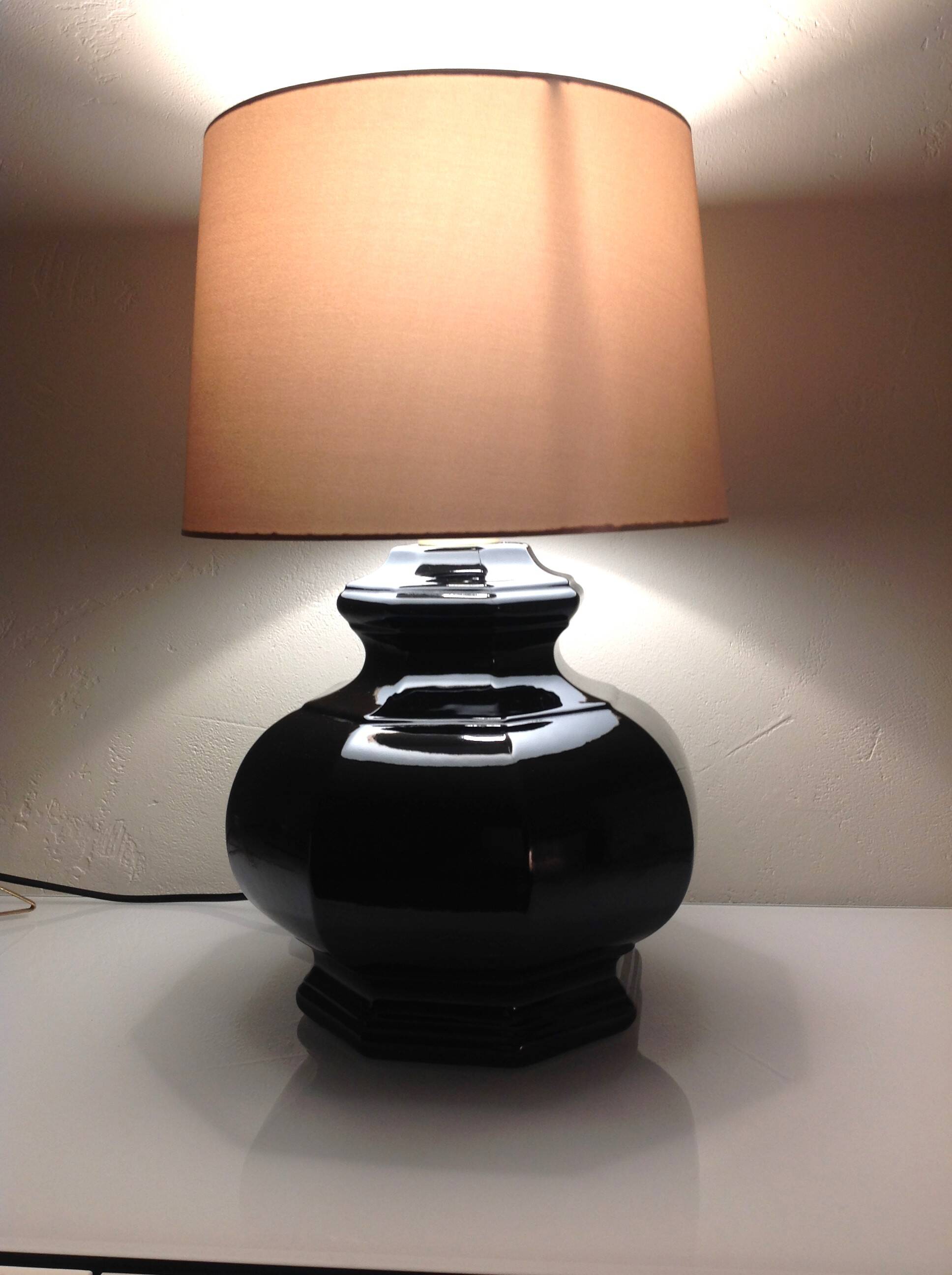 Octagonal black ceramic lamp and gold lampshade / vintage 70s