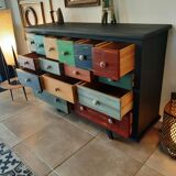 Furniture commode 15 drawers table patchwork patina ebeniste all solid wood multicolored