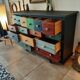 Meuble commode 15 tiroirs tableau patchwork patine ebeniste tout bois massif multicolores