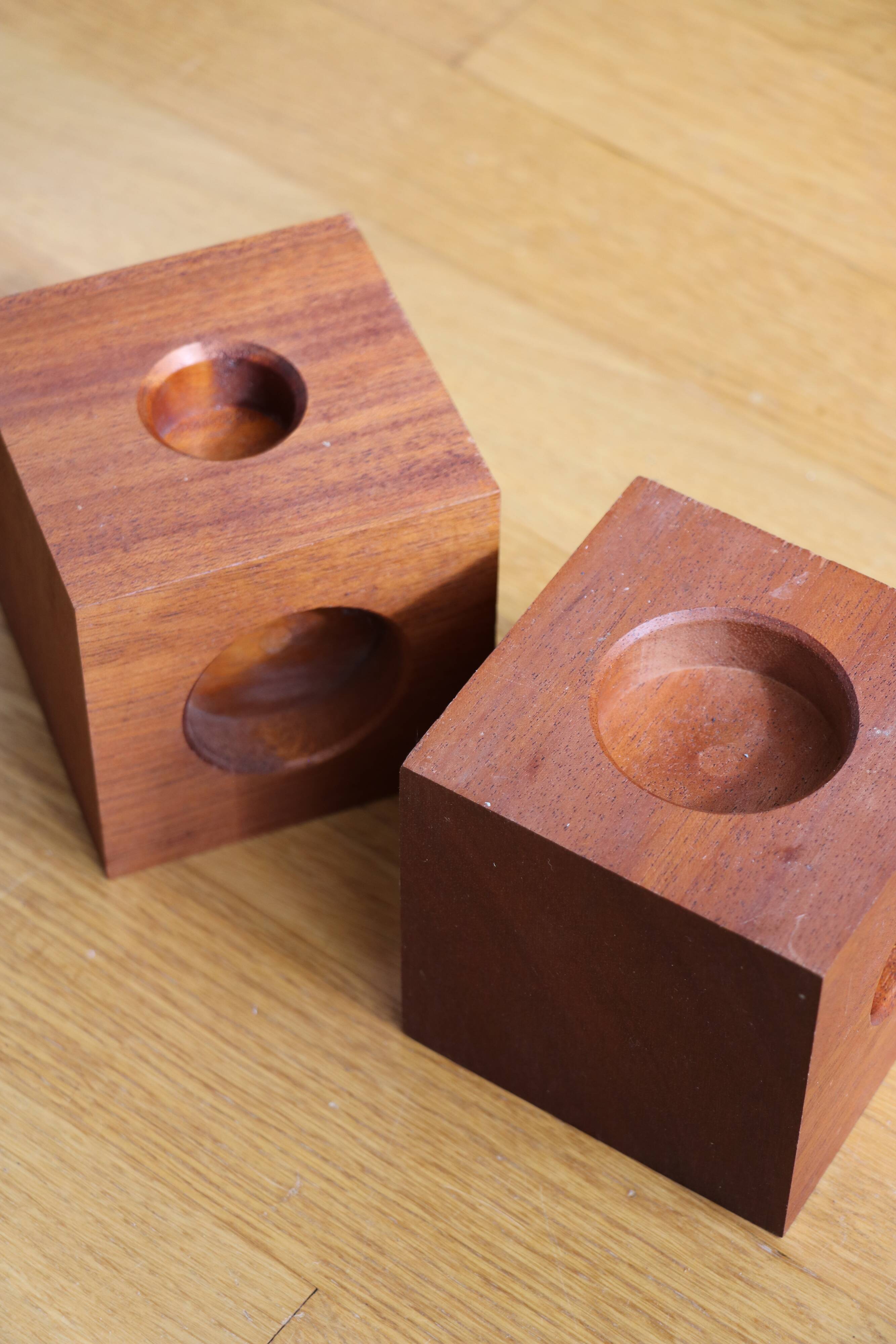 Duo of Scandinavian teak cube candlesticks
