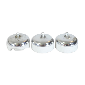 3 Ancient porcelain switches and industrial vintage crhomé metal