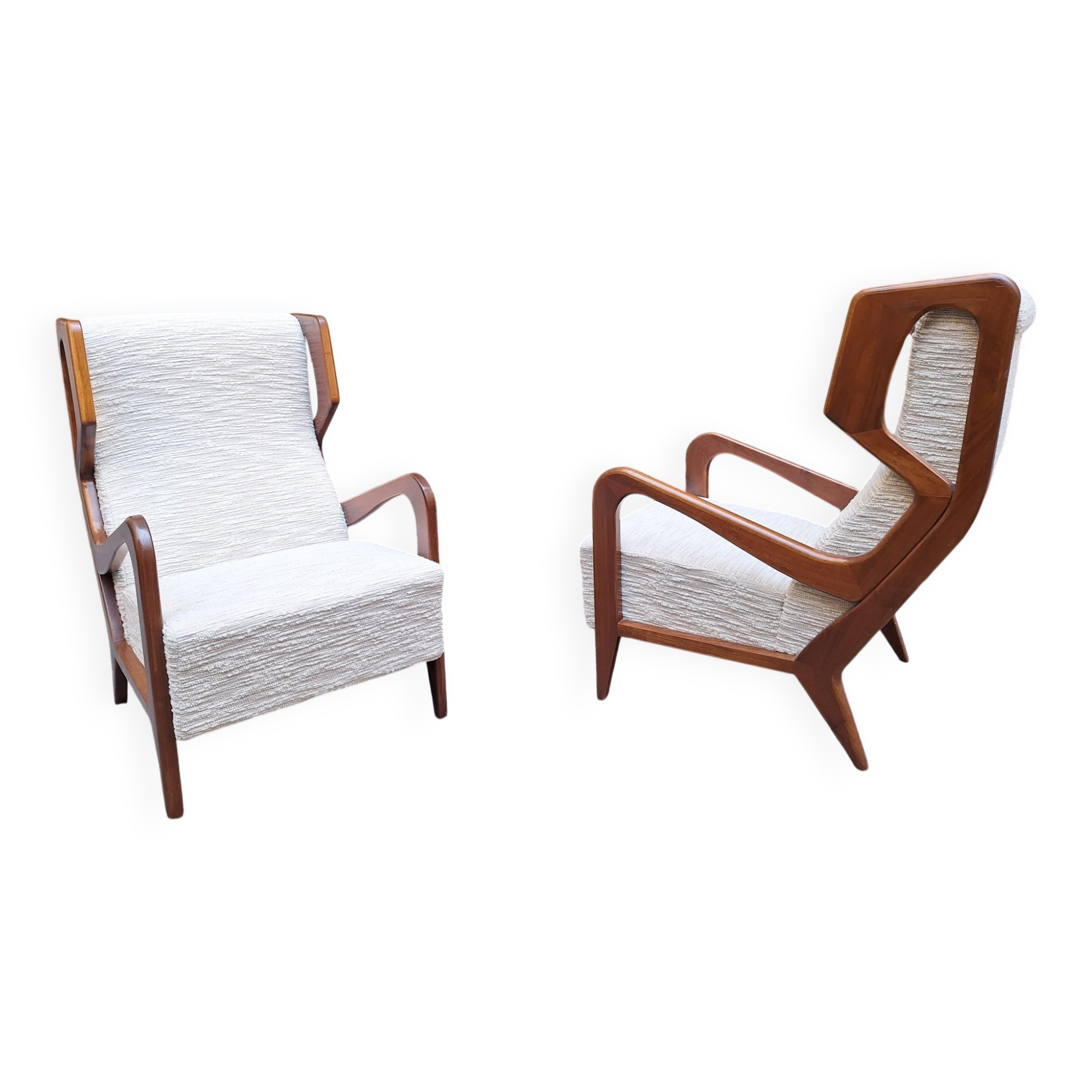 Armchairs Wooden Ears Model in White Boucle by Gio Ponti for Manifattura Artigianale Italiana, 1990s, Set of 2
