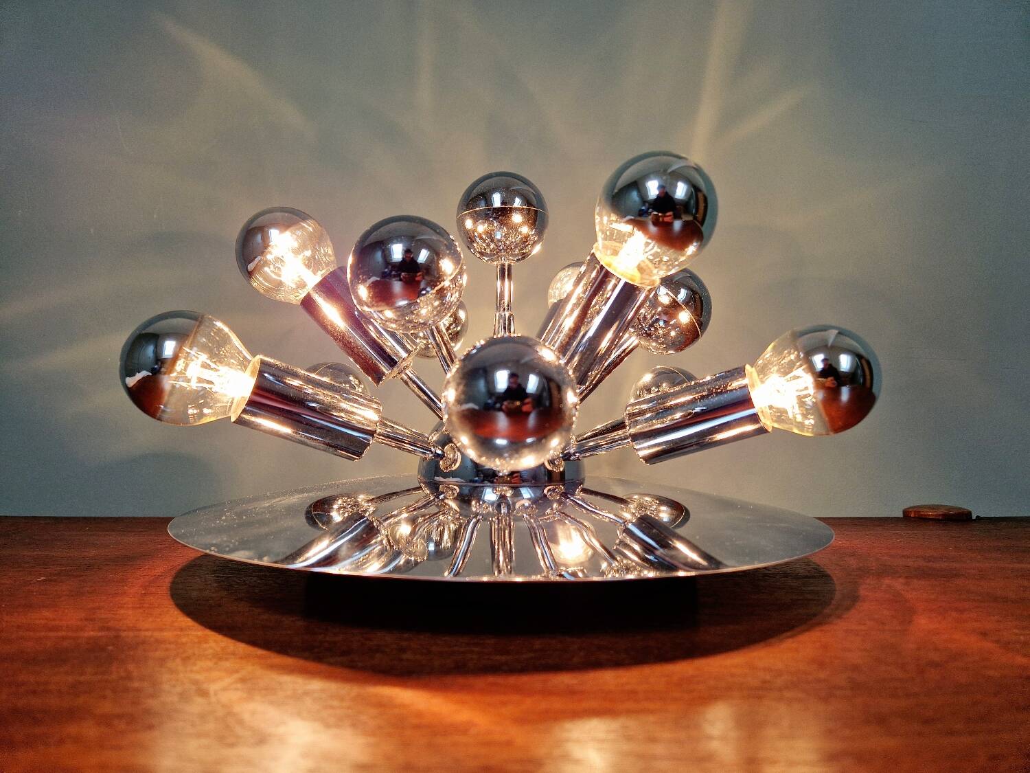 Sputnik ceiling light in chrome metal, Space Age style, 70s