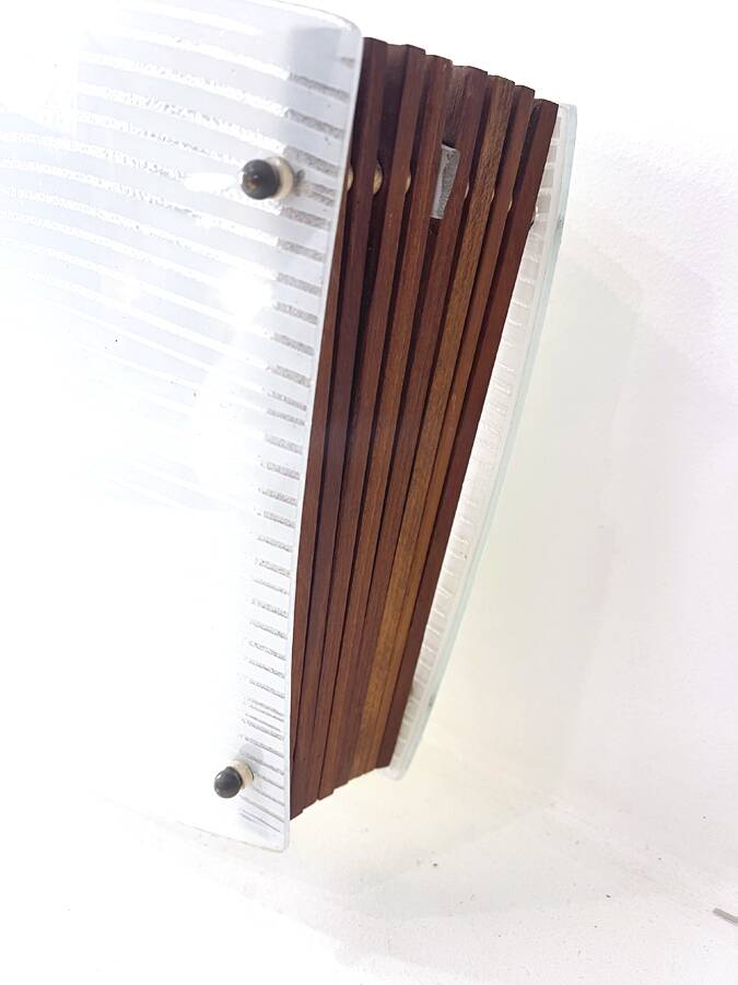 Scandinavian pendant light in ribbed glass and teak, 1960