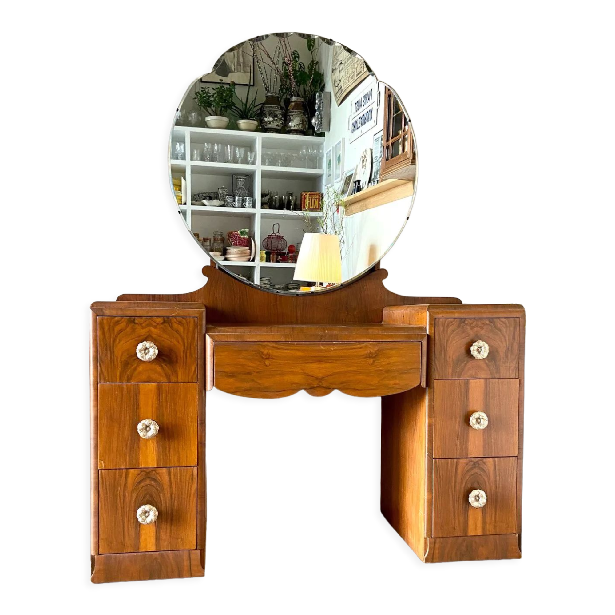 7-drawer wooden dressing table with beveled mirror 1950s