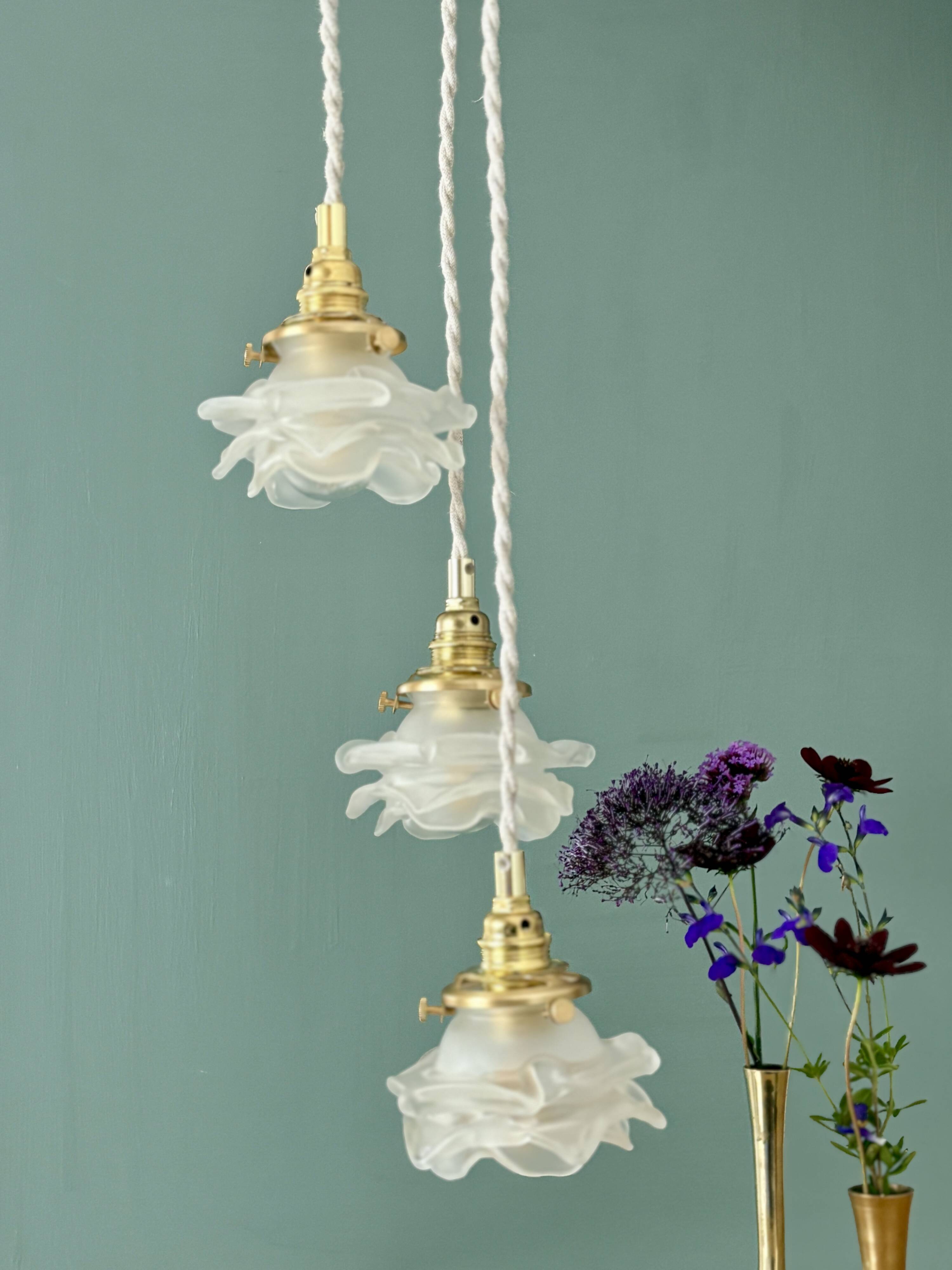 Vintage triple tulip pendant light in frosted glass in the shape of flowers
