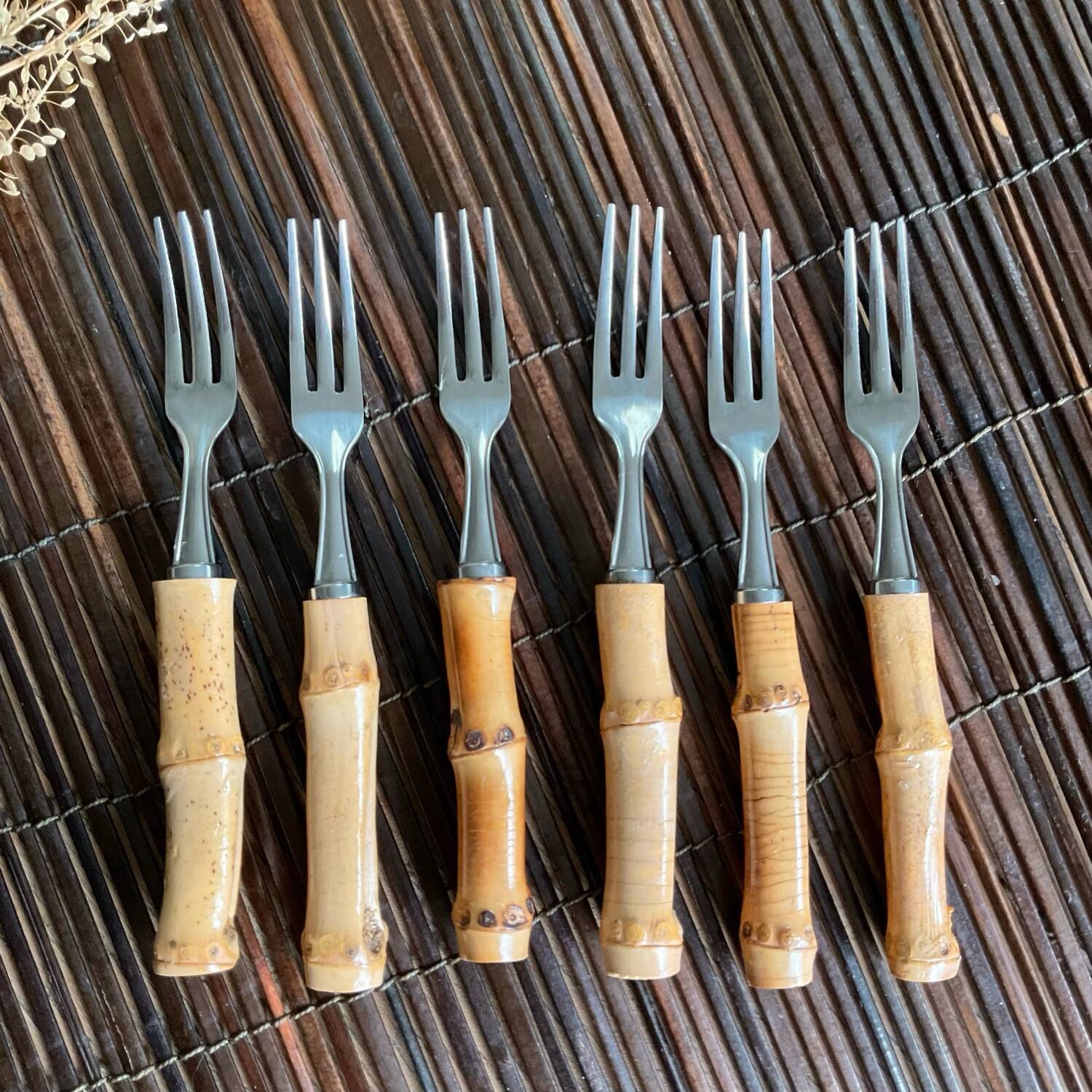 6 small vintage bamboo forks
