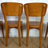 5 1960s Scandinavian style chairs in brown wood and skai, French handcrafted by Raincy