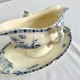 Saucière porcelain stamped Lunéville with double ivory and blue handles
