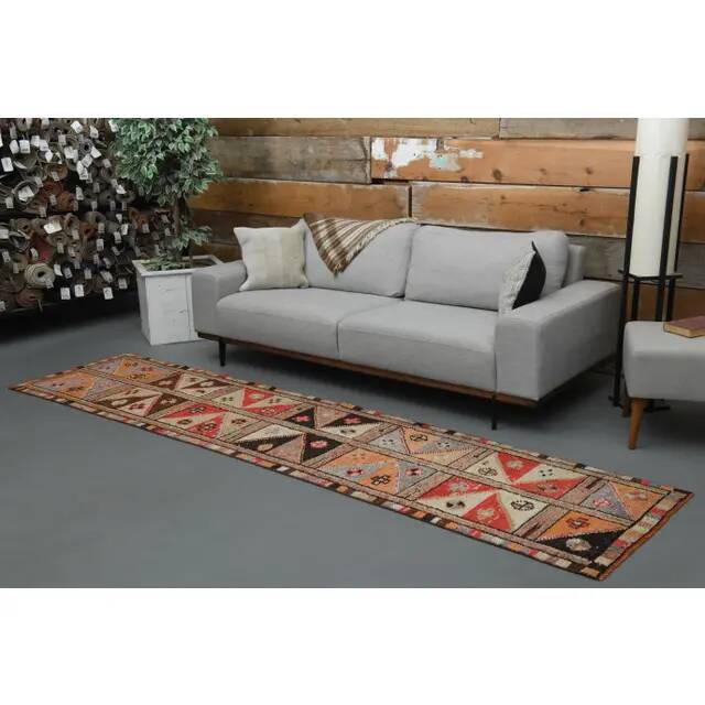1970s Vintage Turkish Handmade Wool & Cotton Orange Runner Rug 82x340