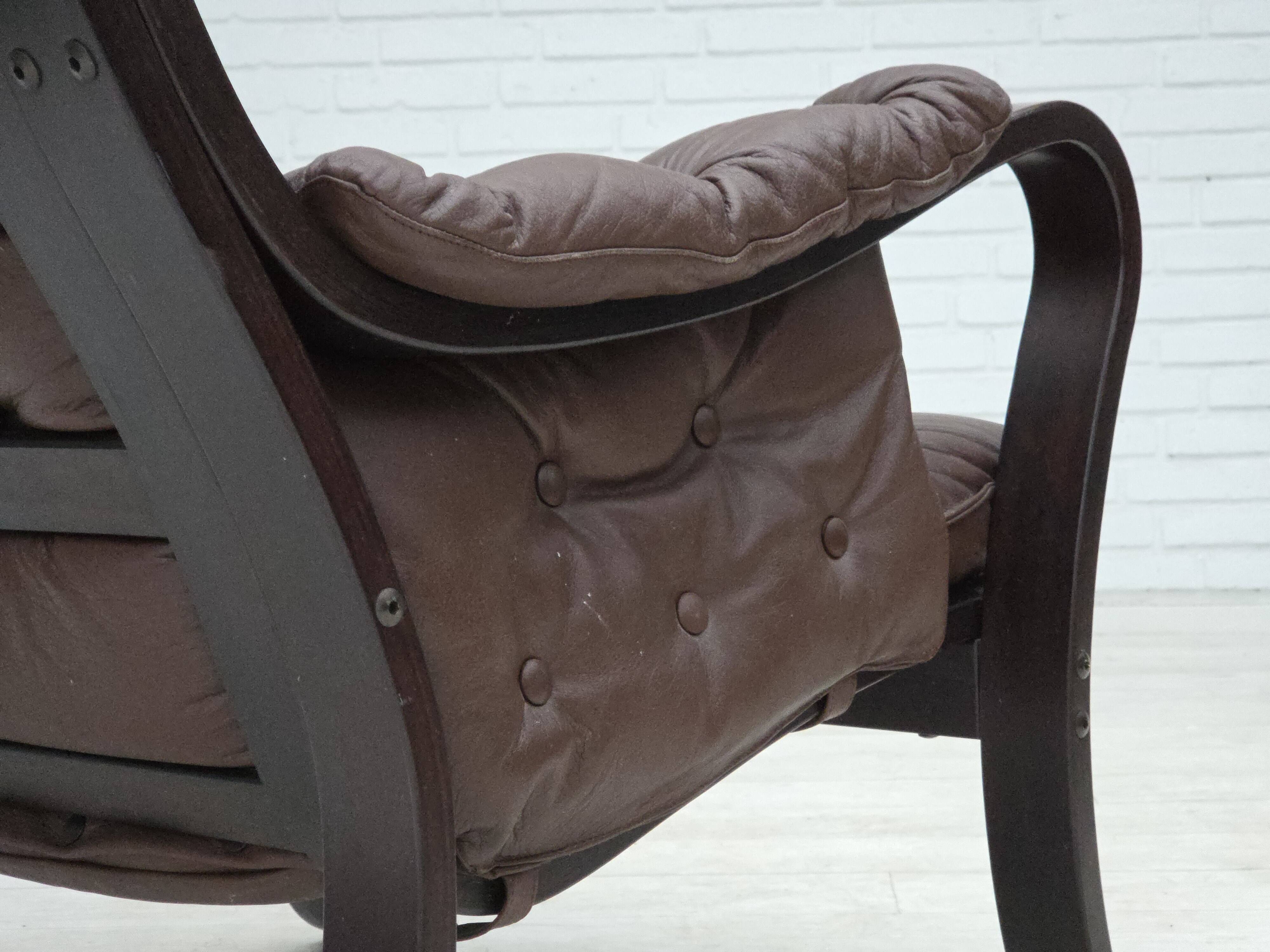 1970s, Scandinavian vintage design, armchair, brown leather, bent wood.