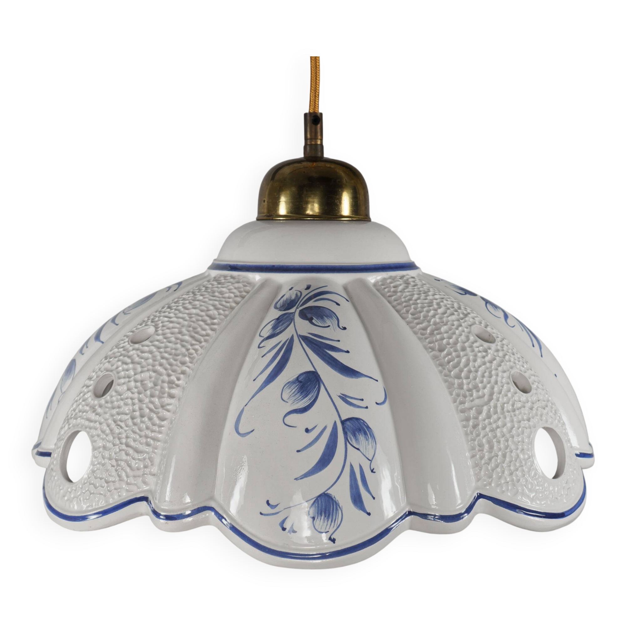1980s Vintage Hand-Painted Portuguese Pierced Pottery Pendant Lamp
