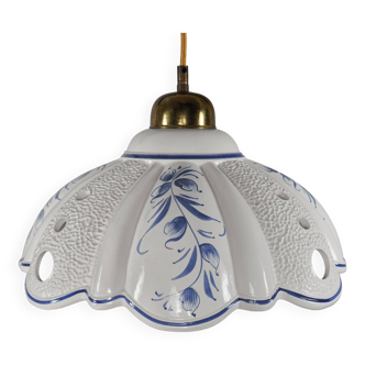 1980s Vintage Hand-Painted Portuguese Pierced Pottery Pendant Lamp