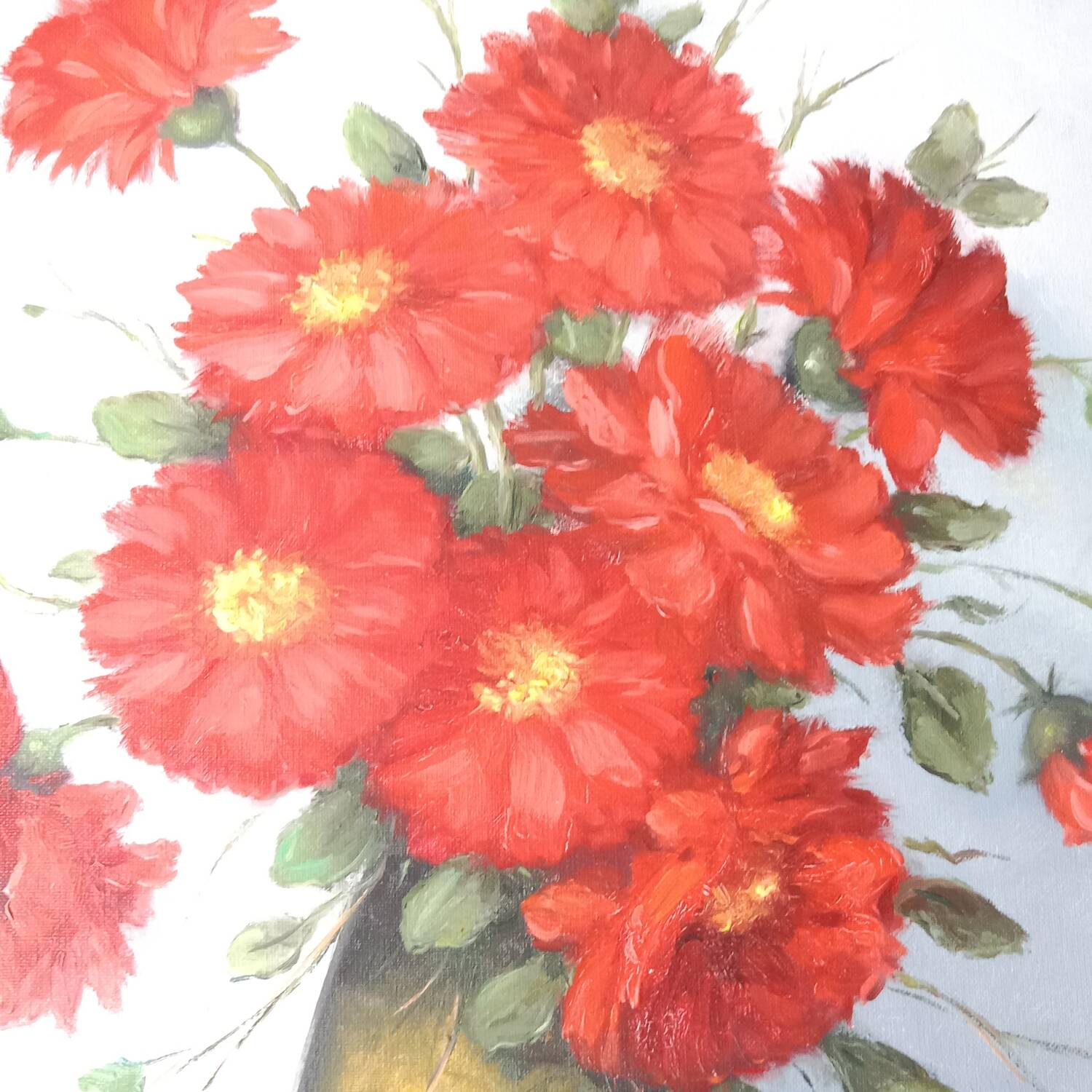 Bouquet of Red Flowers Still Life Canvas signed Golden Frame 54 x 62 cm