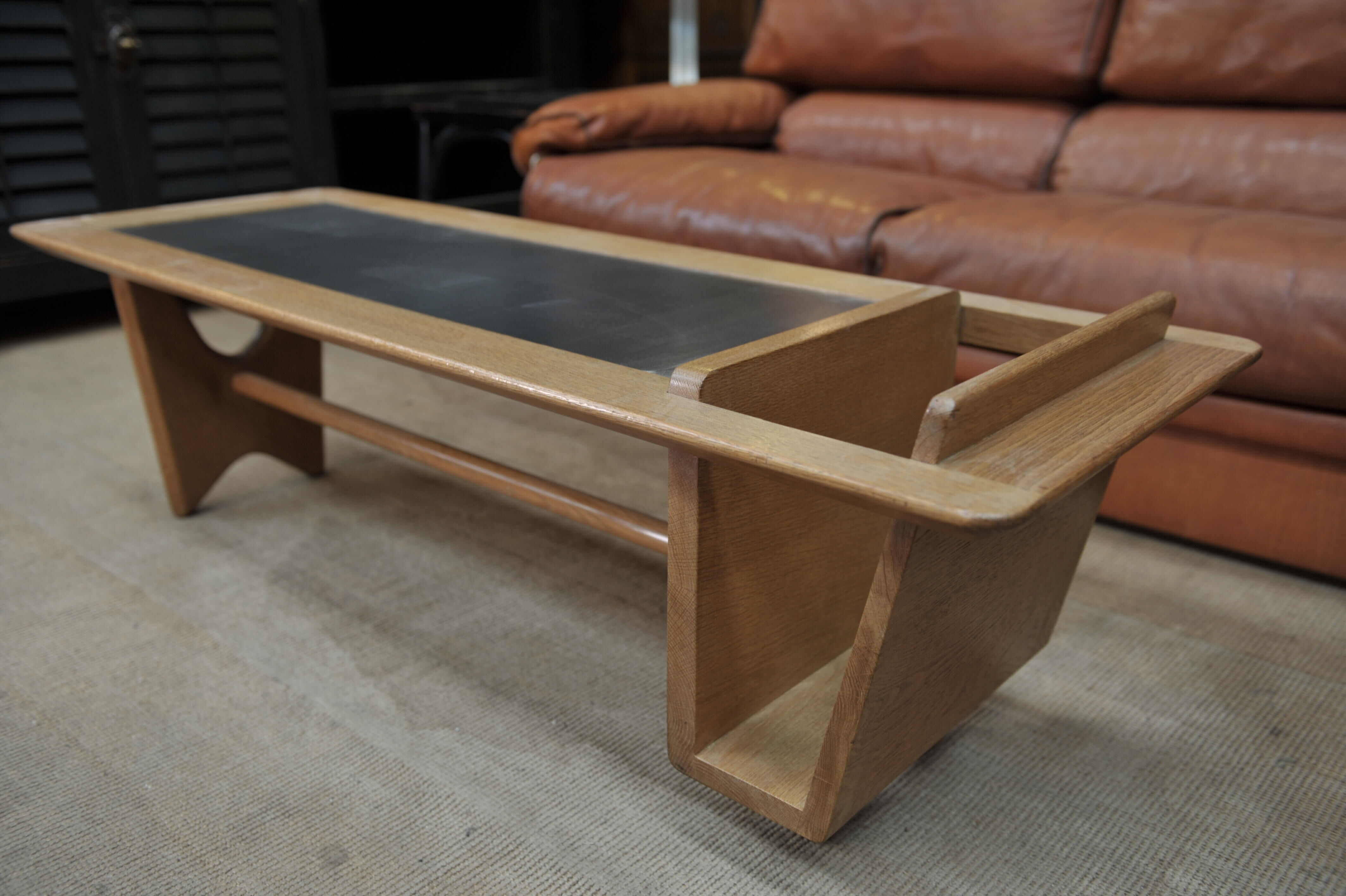 Coffee table in solid oak and metal by Guillerme & Chambron 1950s