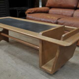 Coffee table in solid oak and metal by Guillerme & Chambron 1950s