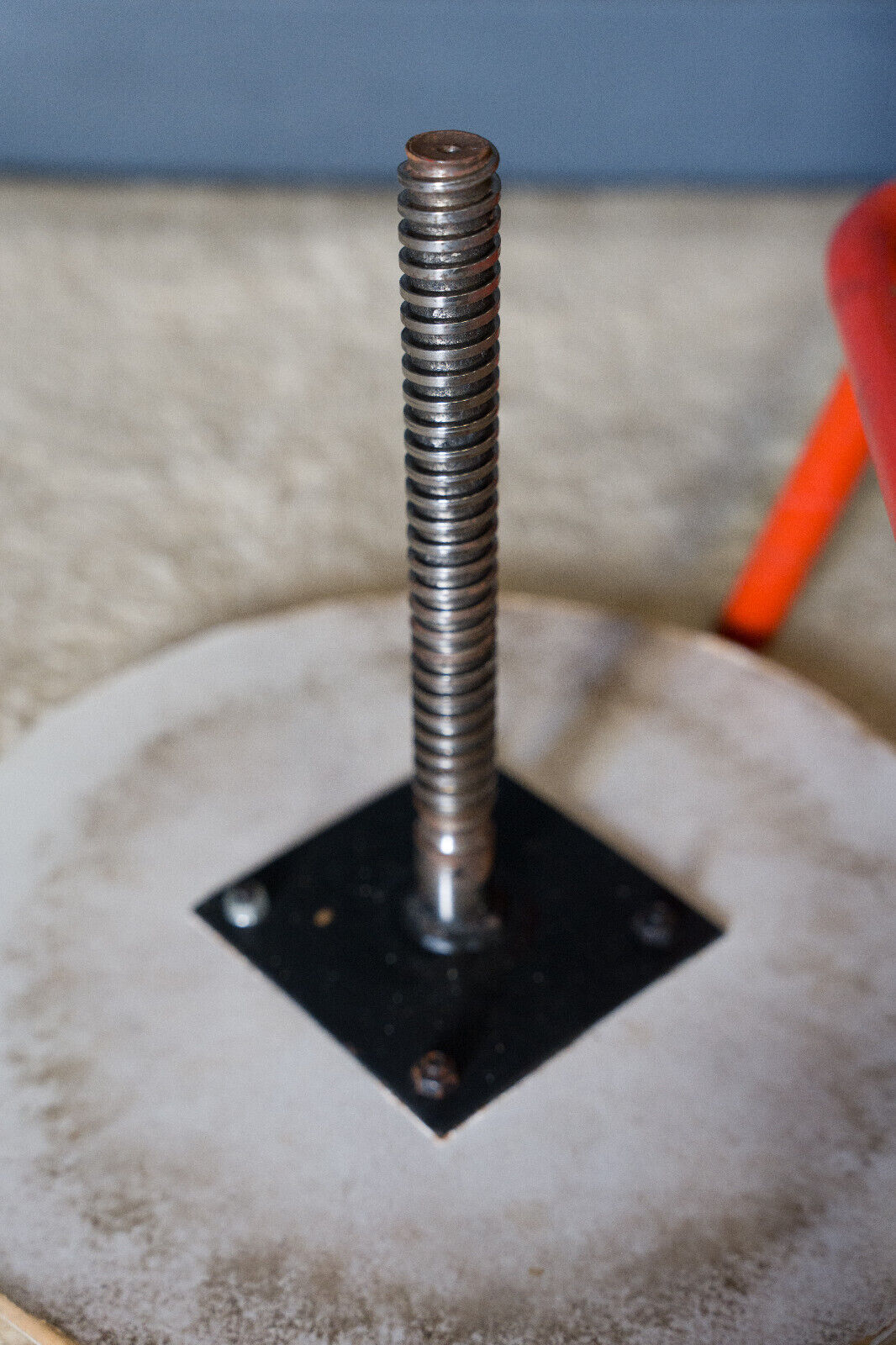 Screw stool red ironwork 1960 wooden seat