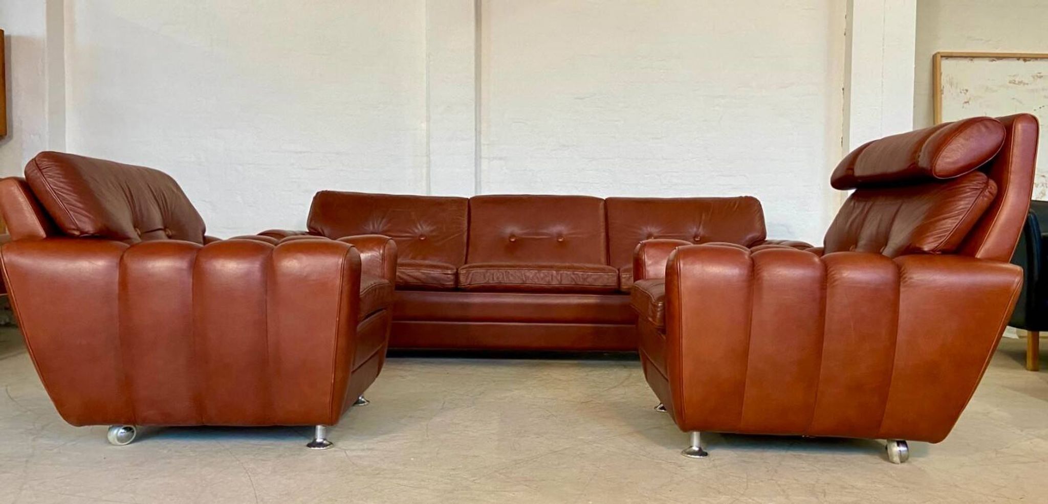 Vintage Danish mid-century Svend Skipper leather club chairs 1970s