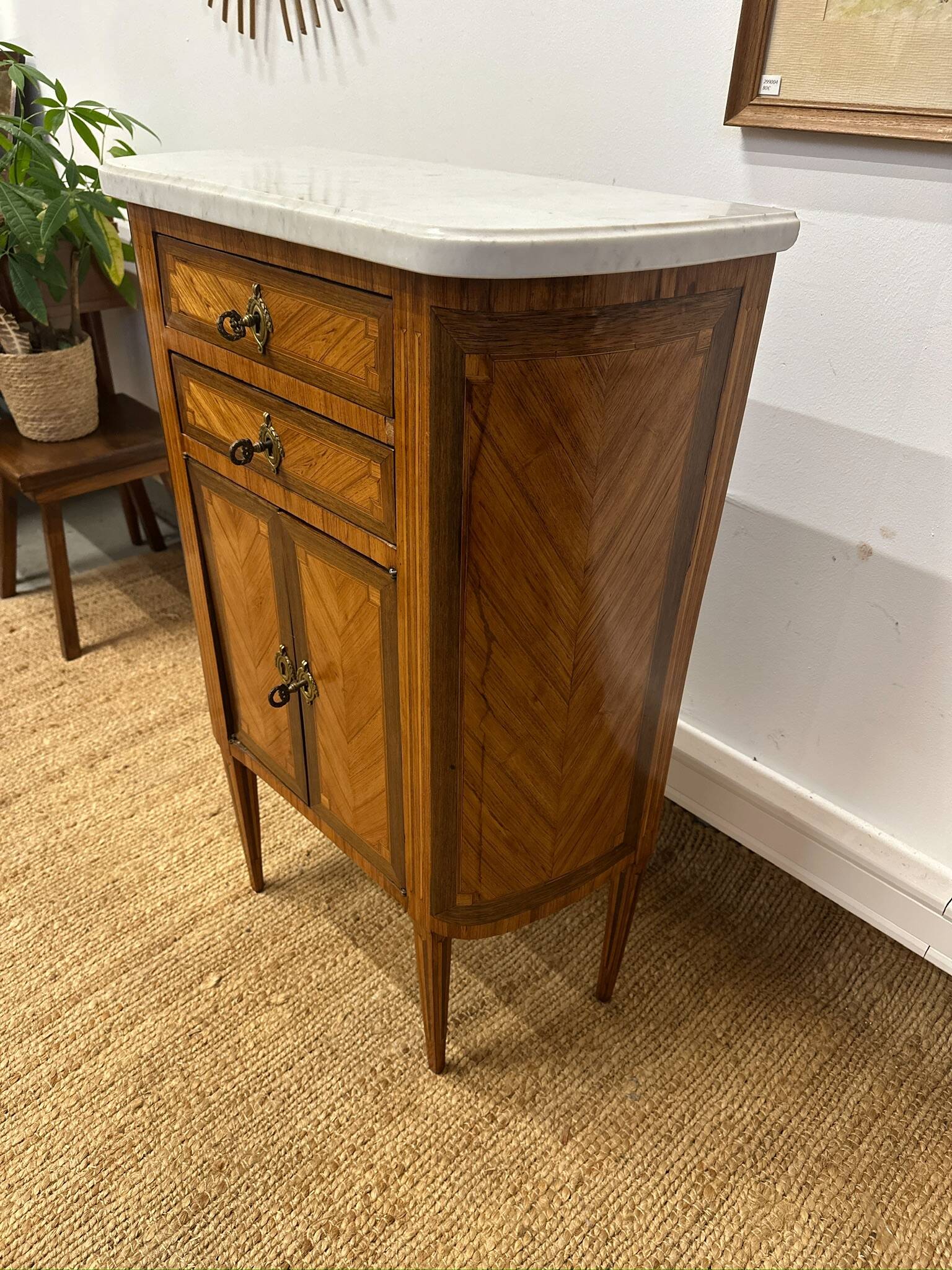 Small half-moon chest of drawers in Louis XVI style – marquetry and marble top
