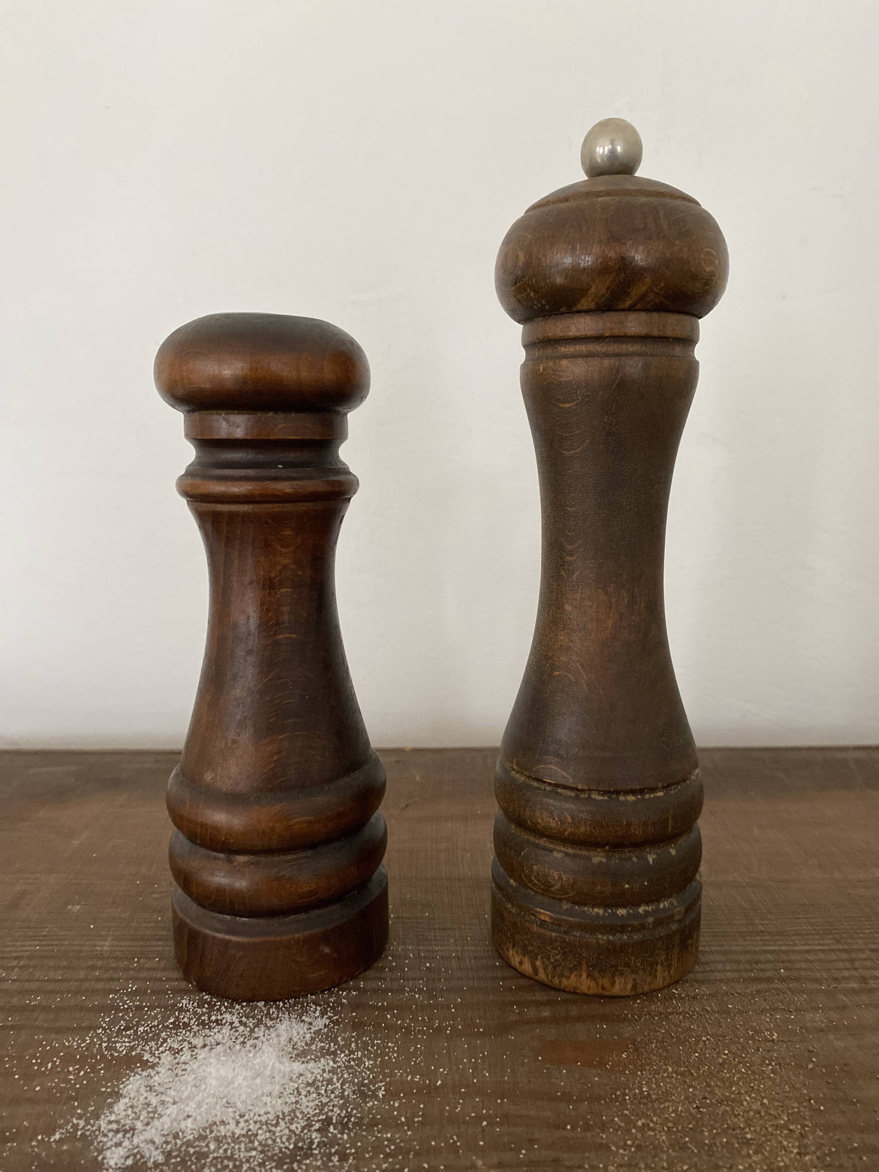 Vintage turned wooden pepper and salt mill