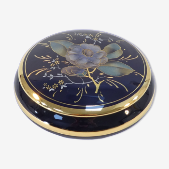 Round porcelaIne de LIMOGES oven blue and golden flower decoration