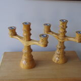 Set of 2 three-armed wooden candlesticks