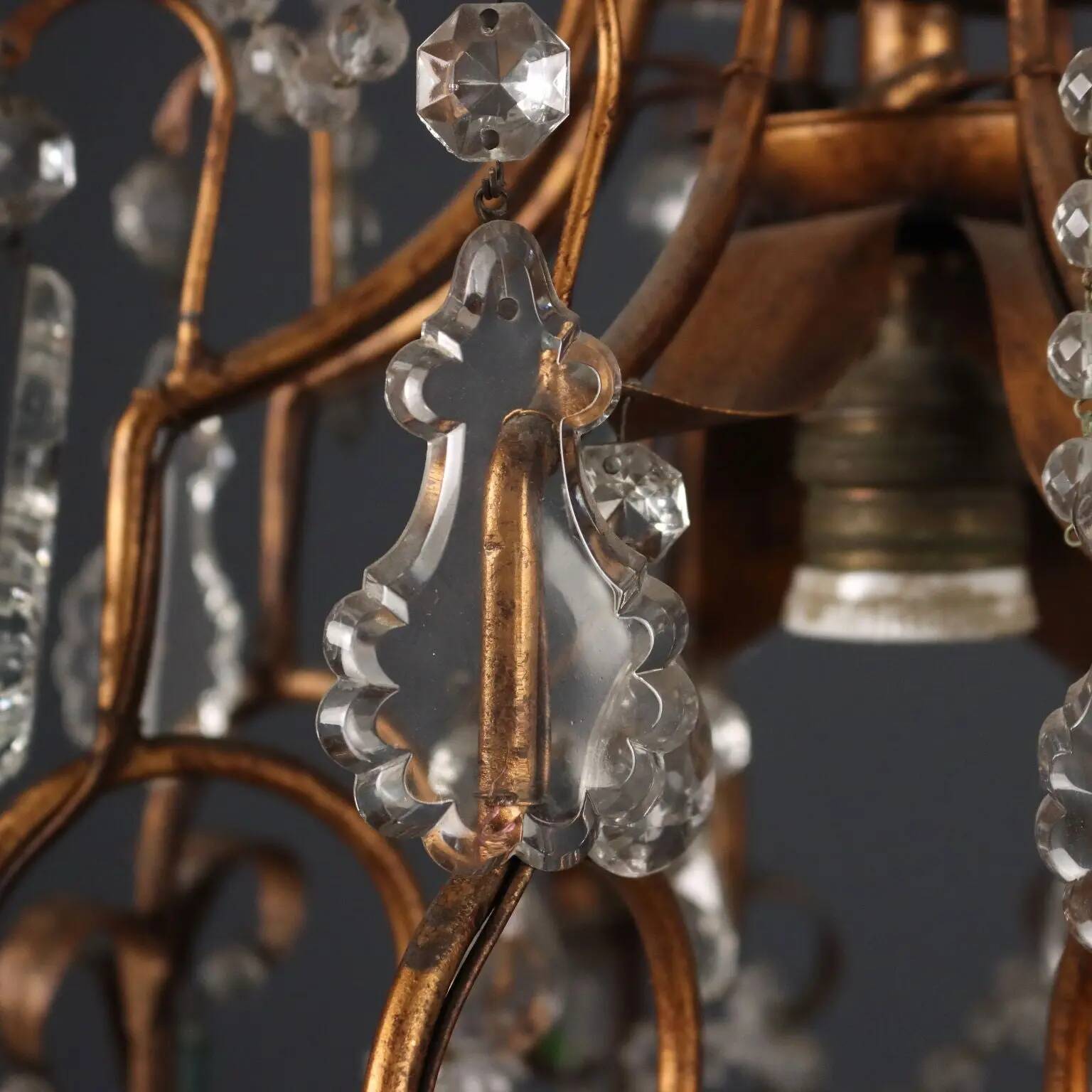 Antique chandelier in gilded iron and glass, Italy, 20th century