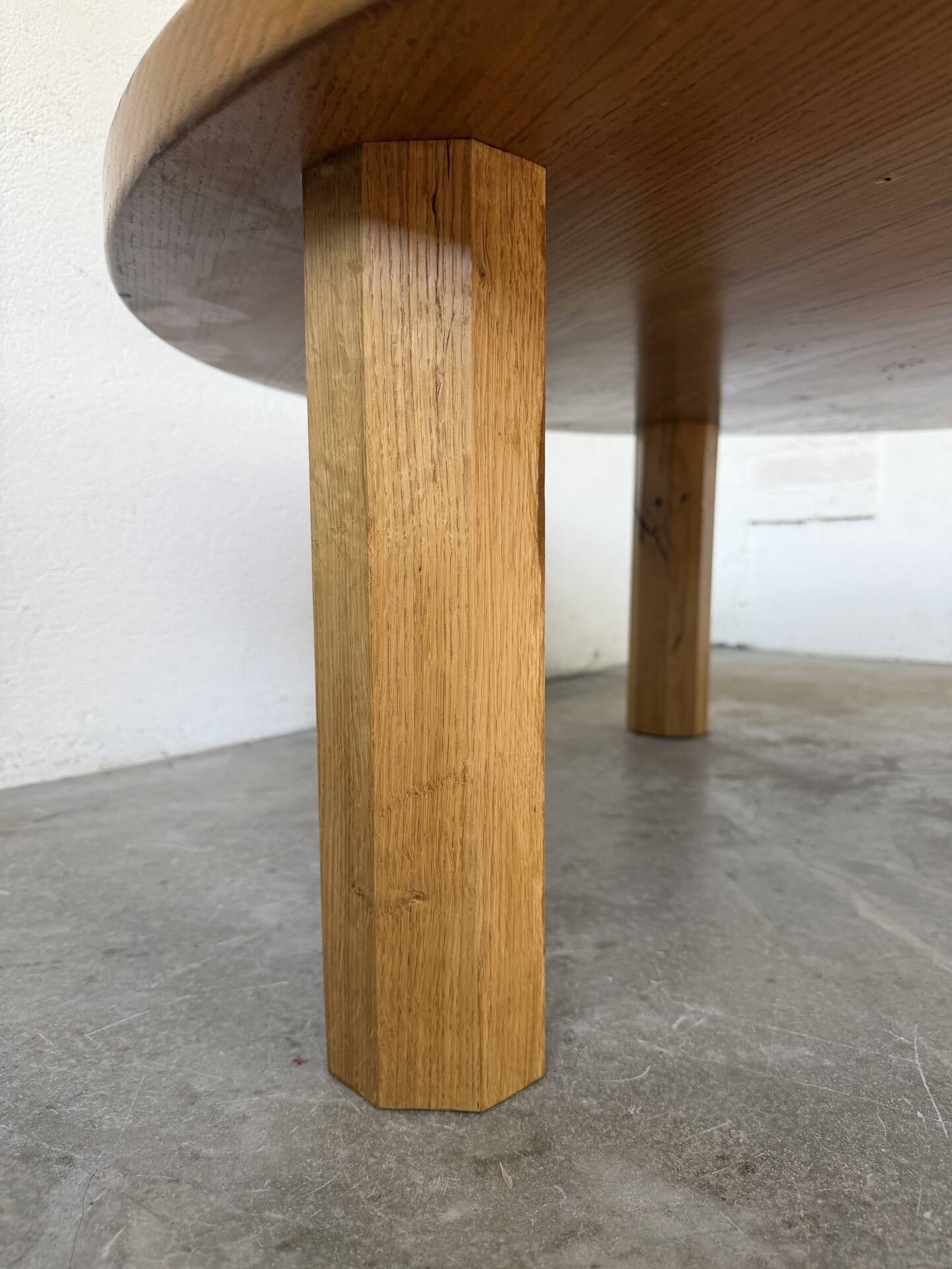 1950s round tripod oak coffee table