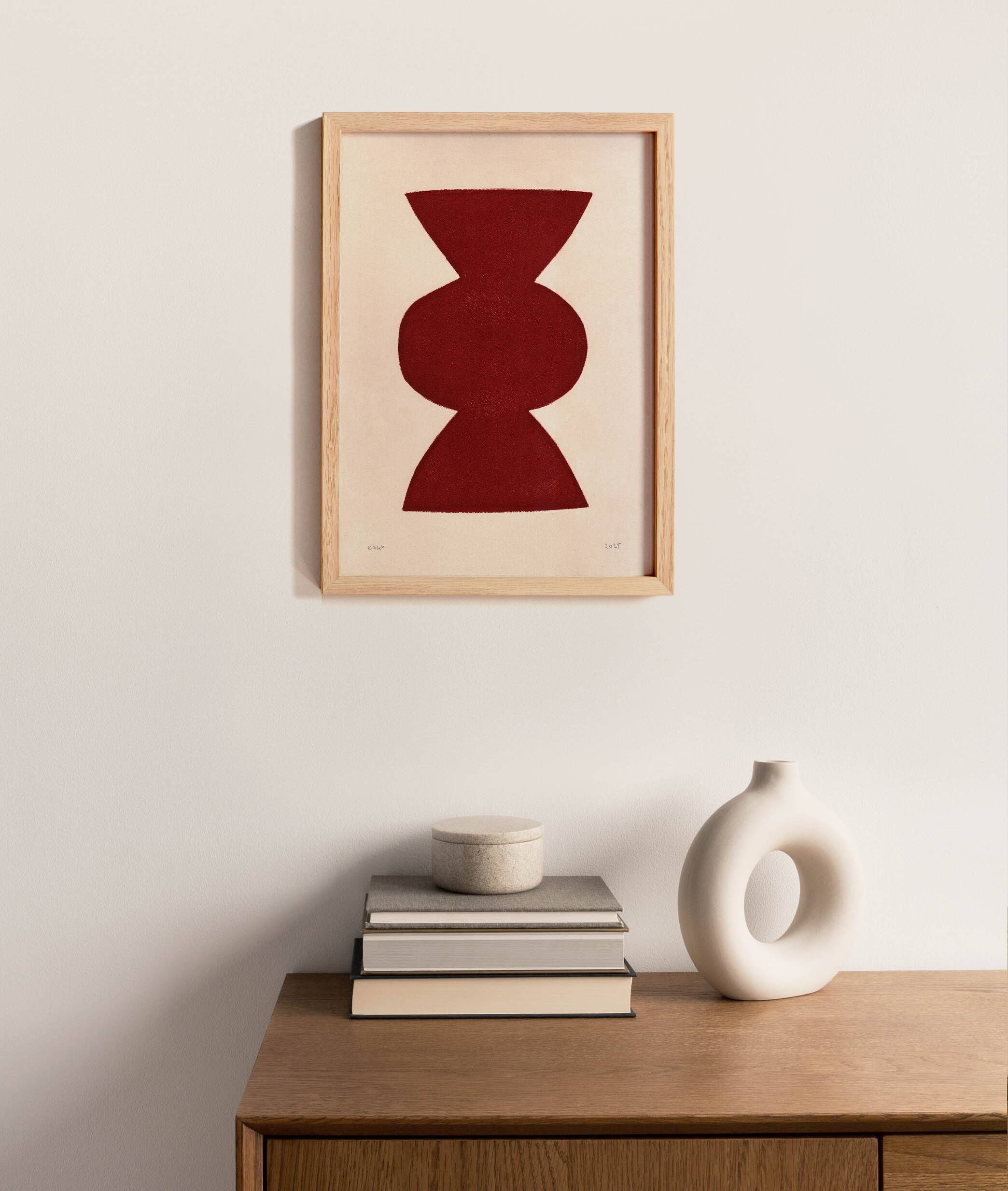 Abstract painting on paper, dark red illustration signed Eawy.