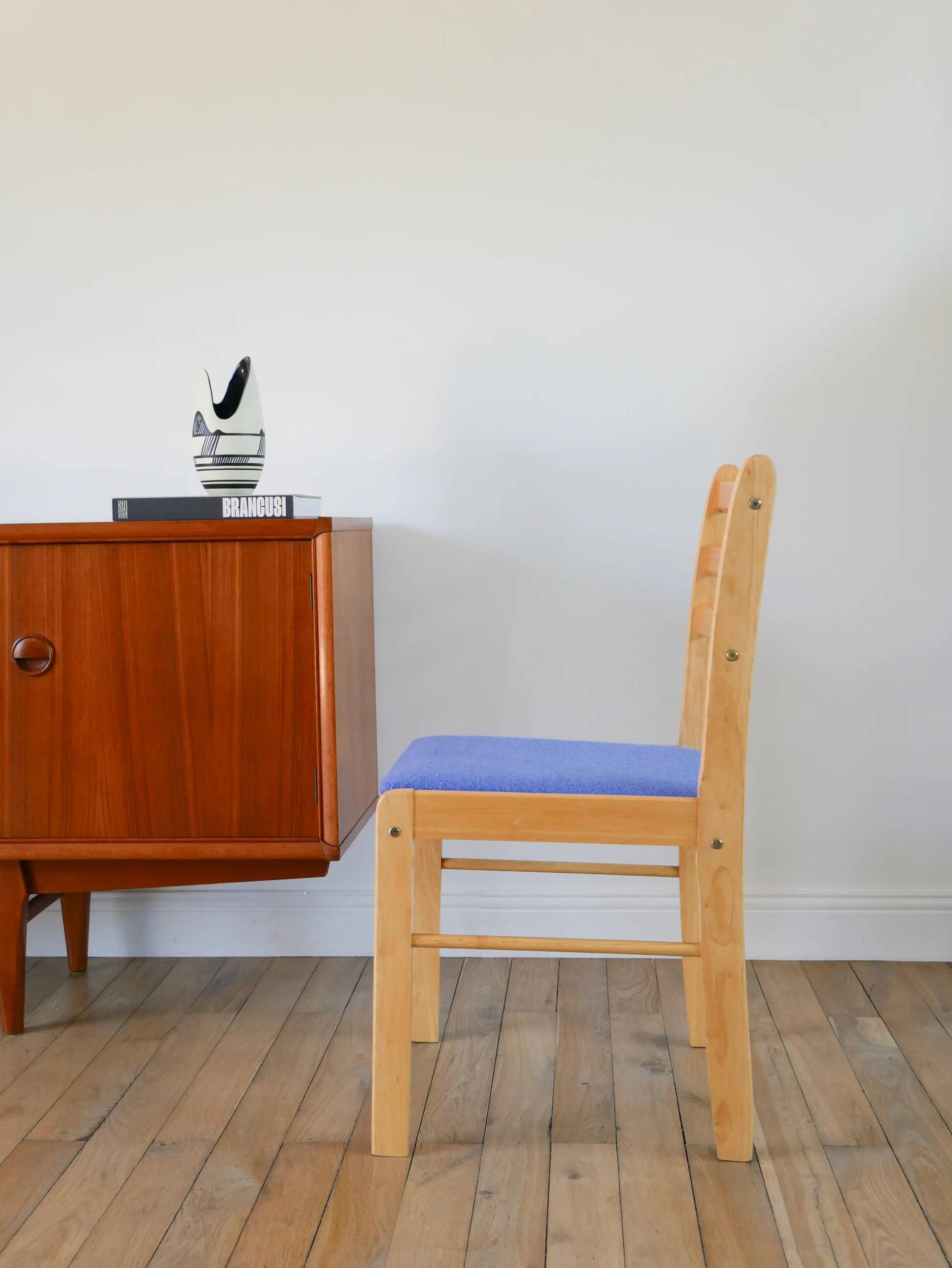 Set of 4 solid pine chairs, reupholstered in ocean blue wool, 1980.