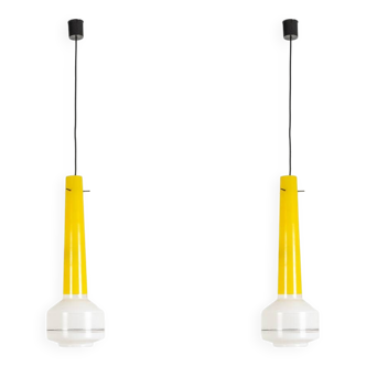 Pair of two-tone yellow and white glass pendant lights. 1960s