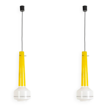 Pair of two-tone yellow and white glass pendant lights. 1960s